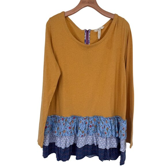 Matilda Jane Mustard Long Sleeve Top boho Floral Ruffled Hem Womens size large - Picture 2 of 13